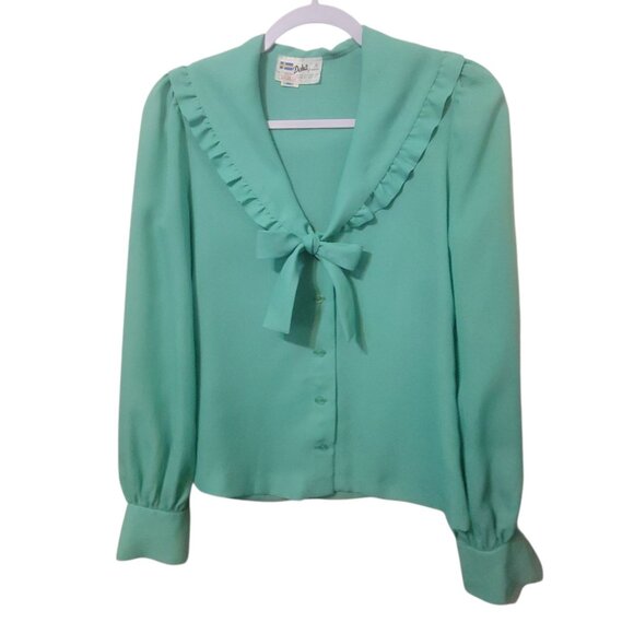 Deha Of Sweden Vtg 70s Green Ruffle Collar Blouse SZ 38 Bow Tie Button Front - Picture 6 of 16